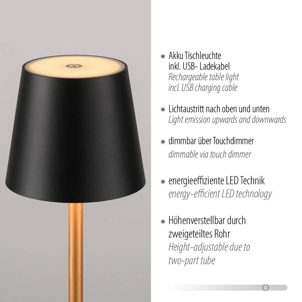 Lampada da tavolo wireless touch nero/ottone LED IP54 EURIA