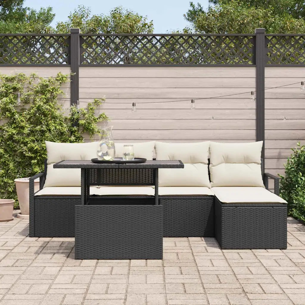 Set Divano da Giardino 6 pcs Nero e Crema polyrattan