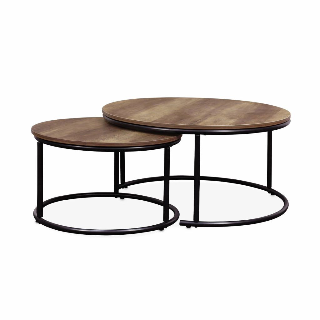 Set di 2 tavolini rotondi in metallo e legno, marrone naturale