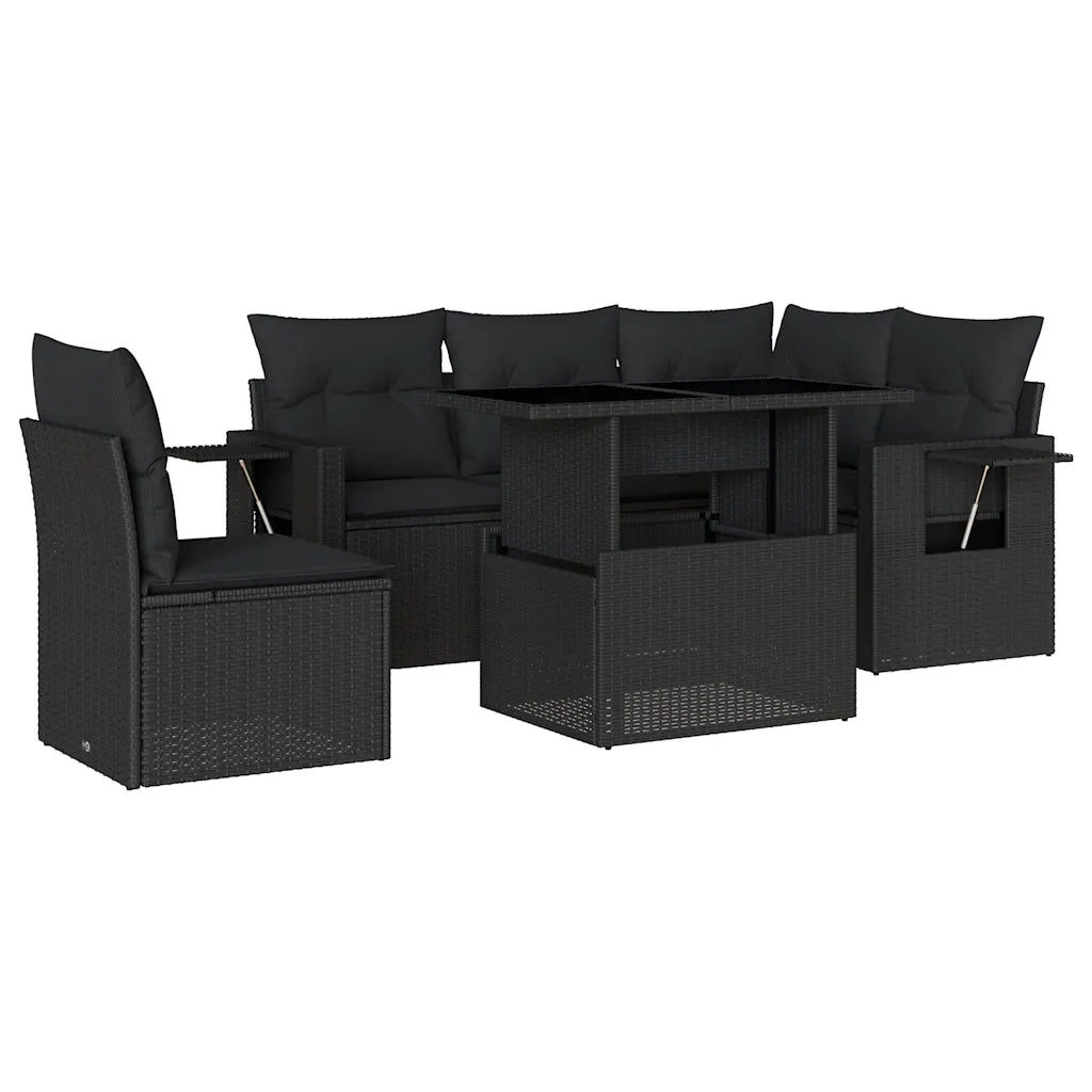 Set Divano da Giardino 6 pz con Cuscini Nero in Polyrattan