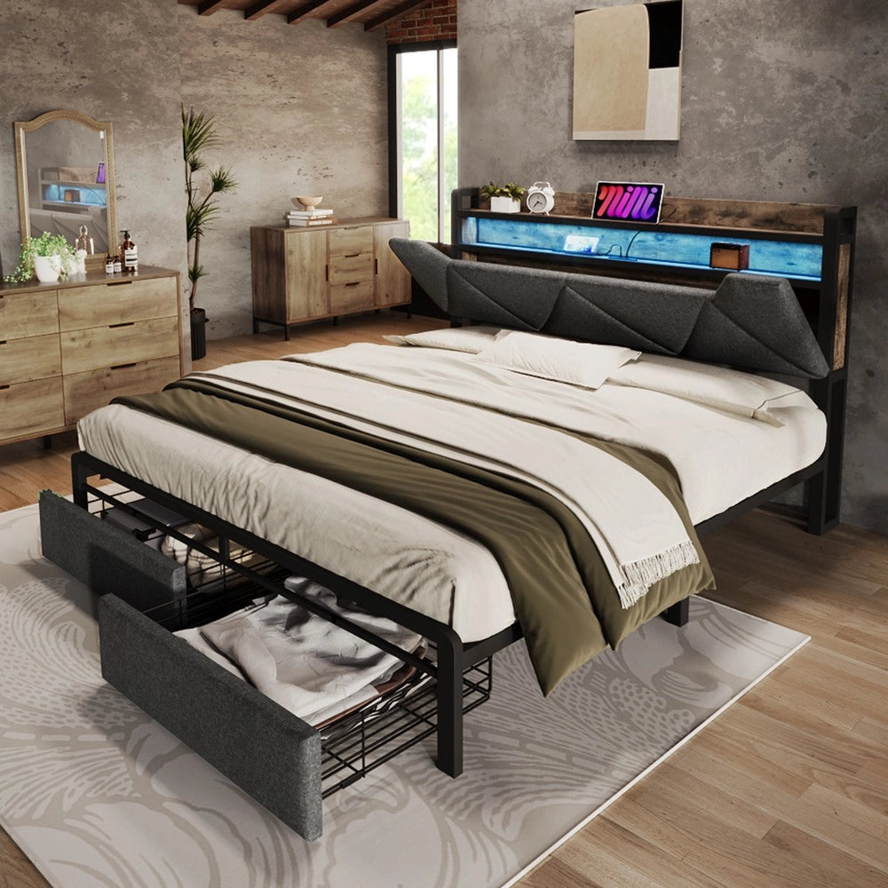 Letto Contenitore Imbottito con LED e Cassetti ¨C MINIMAL ¨C Grigio 160x200