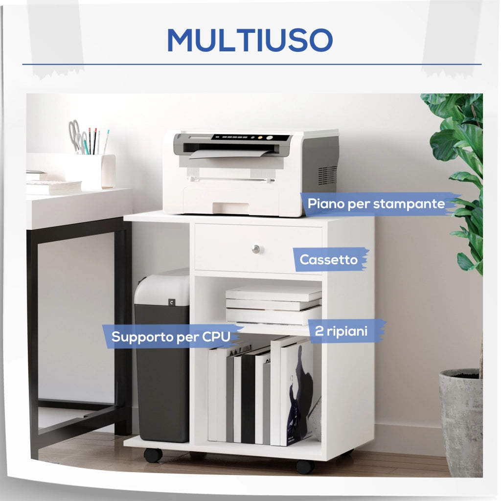 Mobiletto per Stampante in Legno con Ruote e Ripiano Regolabile ¨C Minimal ¨C Bianco