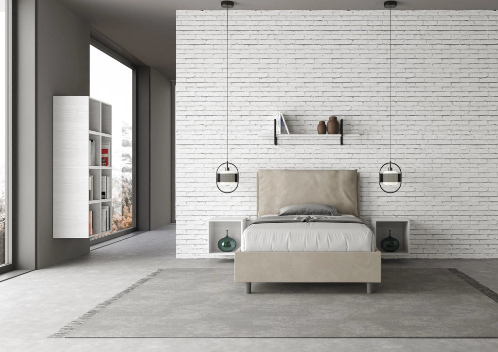 BS COM Letto una piazza e mezza contenitore imbottito 110x190 microfibra sabbia