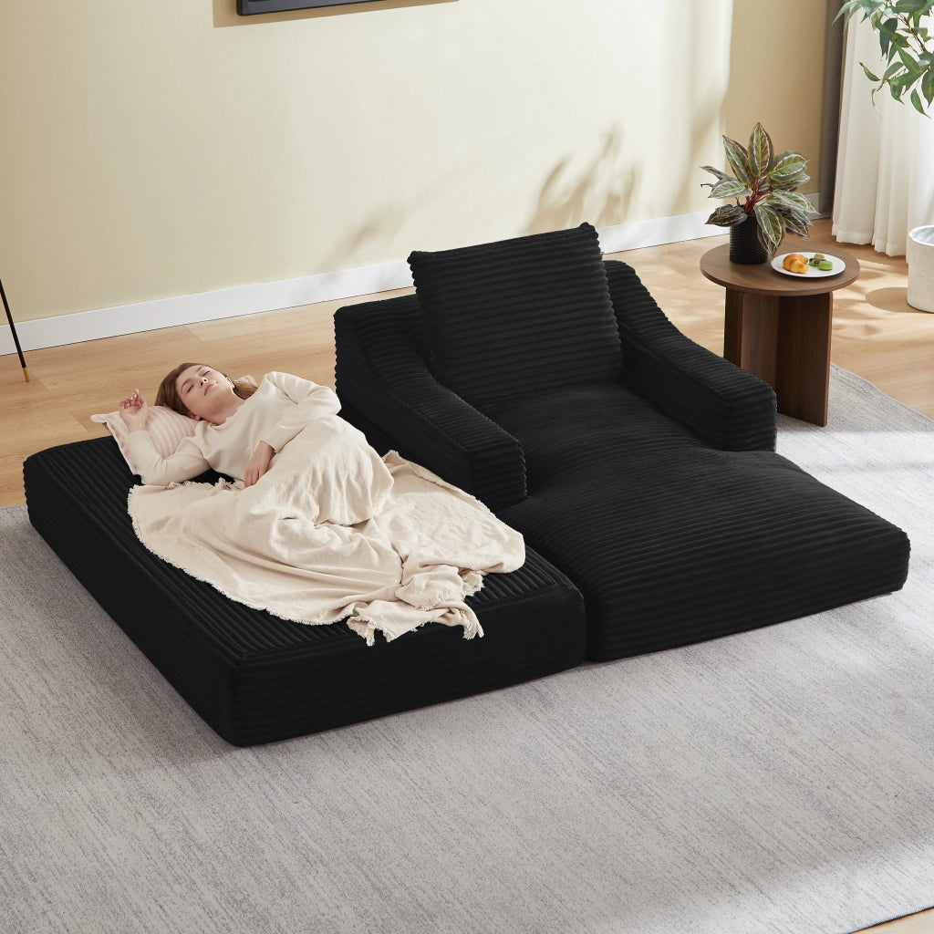 Poltrona lounge in velluto a coste con design a doppio strato trasformabile in letto, per salotto e camera, nero