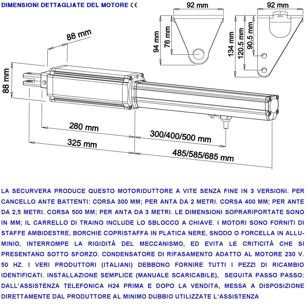 Automatismo Cancello 5 Metri 2 Ante da 2,5 MT Kit Motori Elettromeccanici 230V Sblocco Corsa 300mm Spinta 2 Q.li Staffe 6 Radiocomandi 2 Coppie Fotocellule 2 Pali Selettore 2 Ck Faro Cartello Monitore