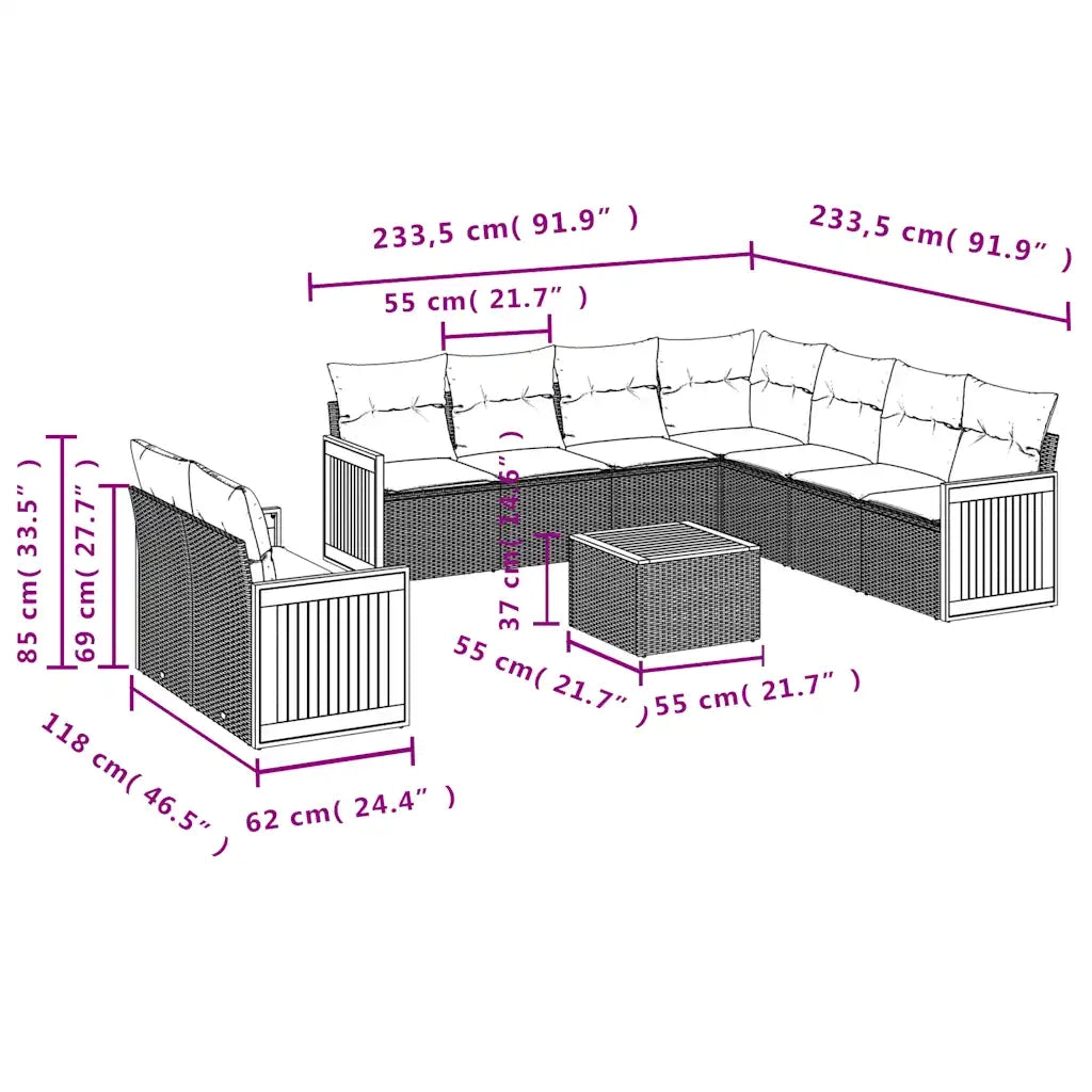 Set Divani da Giardino 10 pz con Cuscini Nero in Polyrattan 3227786
