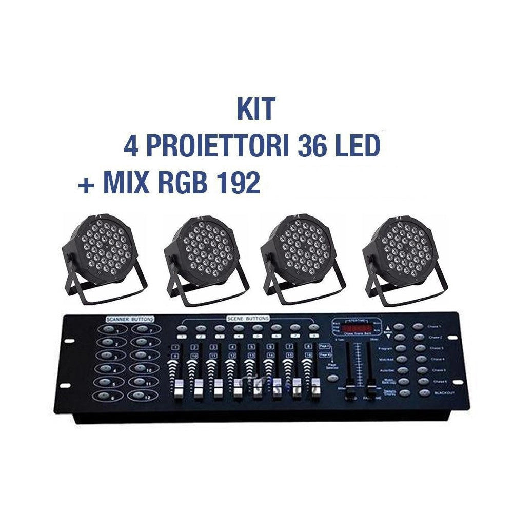 Trade Shop - Kit Par Led Faro Rgb 36 Led Strobo Programmabile Dmx + Mixer 192 -      -4 Pezzi -
