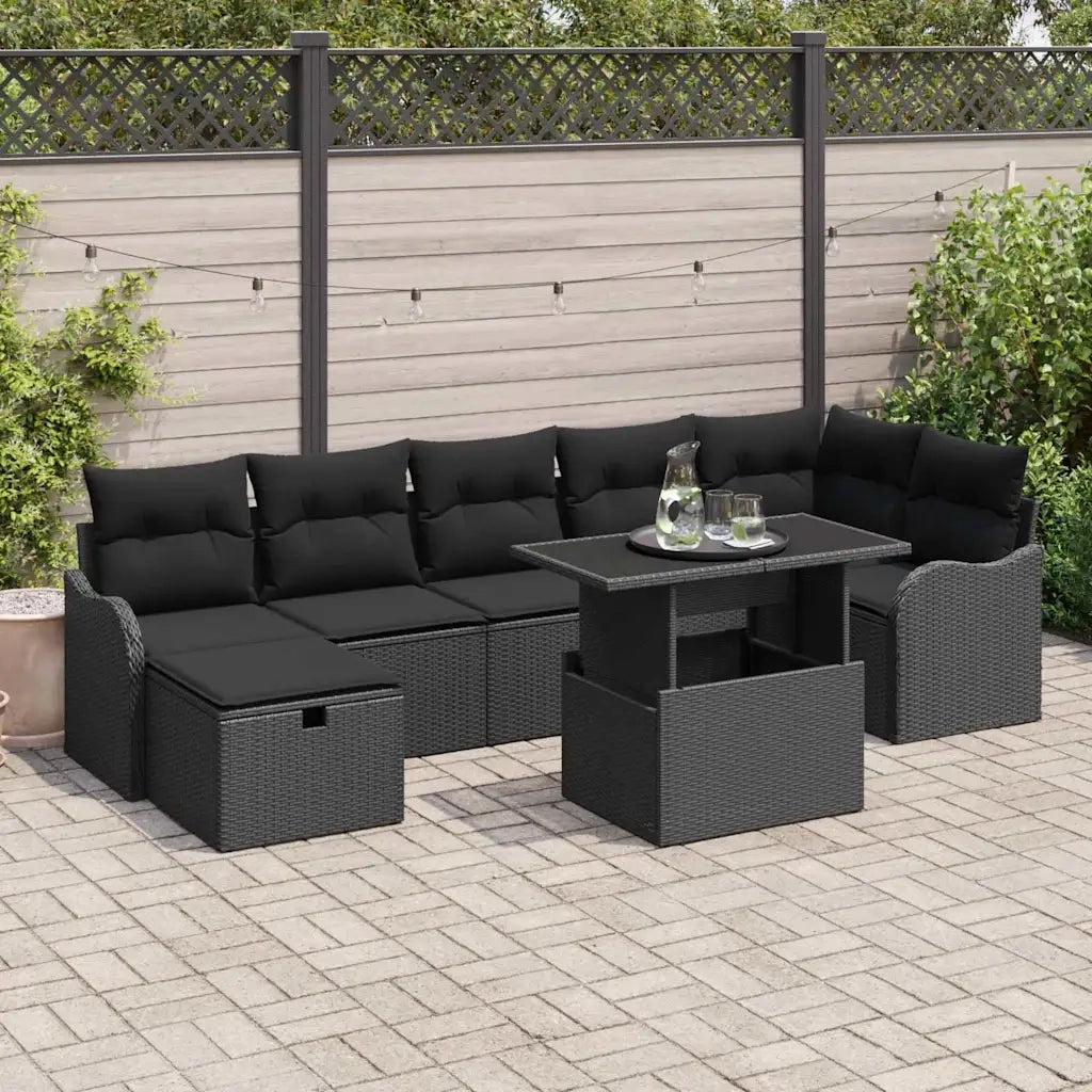Set Divano da Giardino con cuscino 8 pcs Nero Poly Rattan