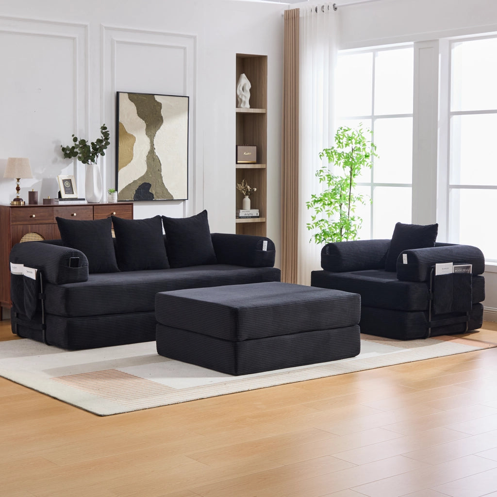 DIVANO Modulare in velluto a coste nero con pouf e cuscini