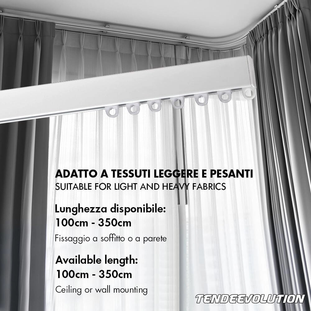 Binario Scorritenda Lineare in Alluminio Bianco da Soffitto, Movimento a Strappo - Bastone per Tenda Retto e Robusto, Lunghezza 280cm