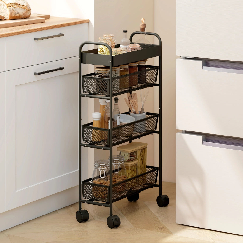 Carrello portaoggetti 4 ripiani con rotelle ¨C Xylo ¨C 3 cassetti scorrevoli metallo nero 19x43x80cm