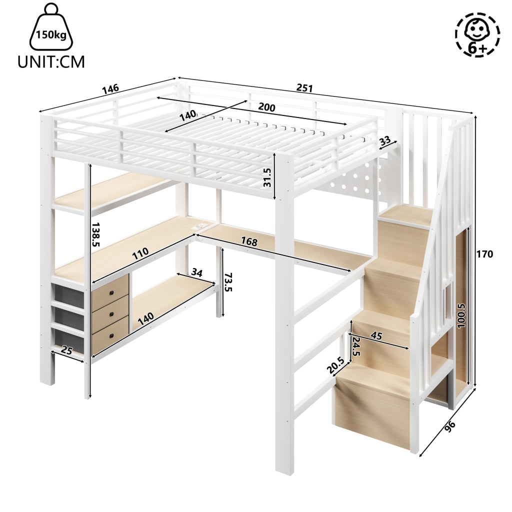 LETTO A CASTELLO 140x200 cm Bianco con scrivania, cassetti, LED