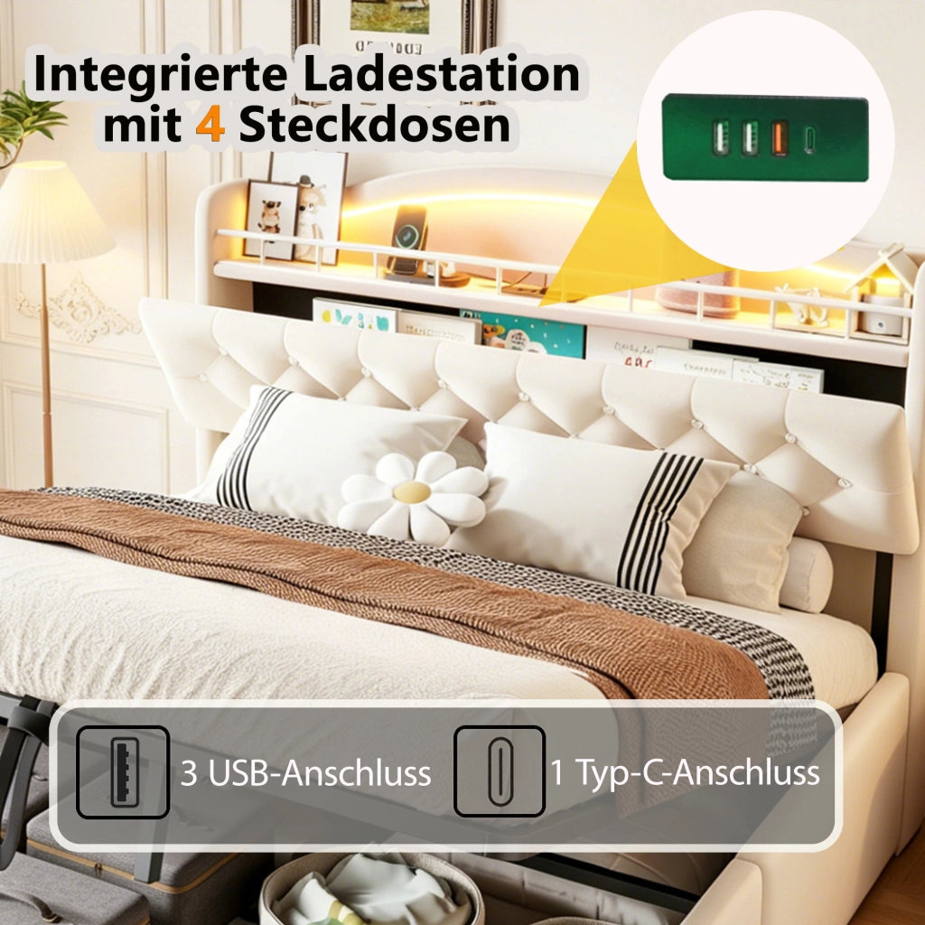 LETTO Contenitore 140x200 cm Beige in tessuto e metallo con LED, USB e USB-C