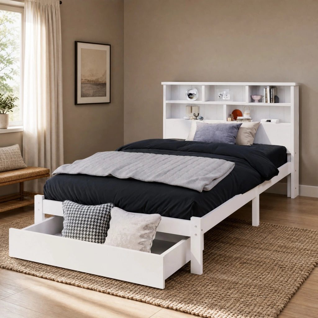 LETTO singolo 90x200 cm con cassetti e testiera libreria bianco