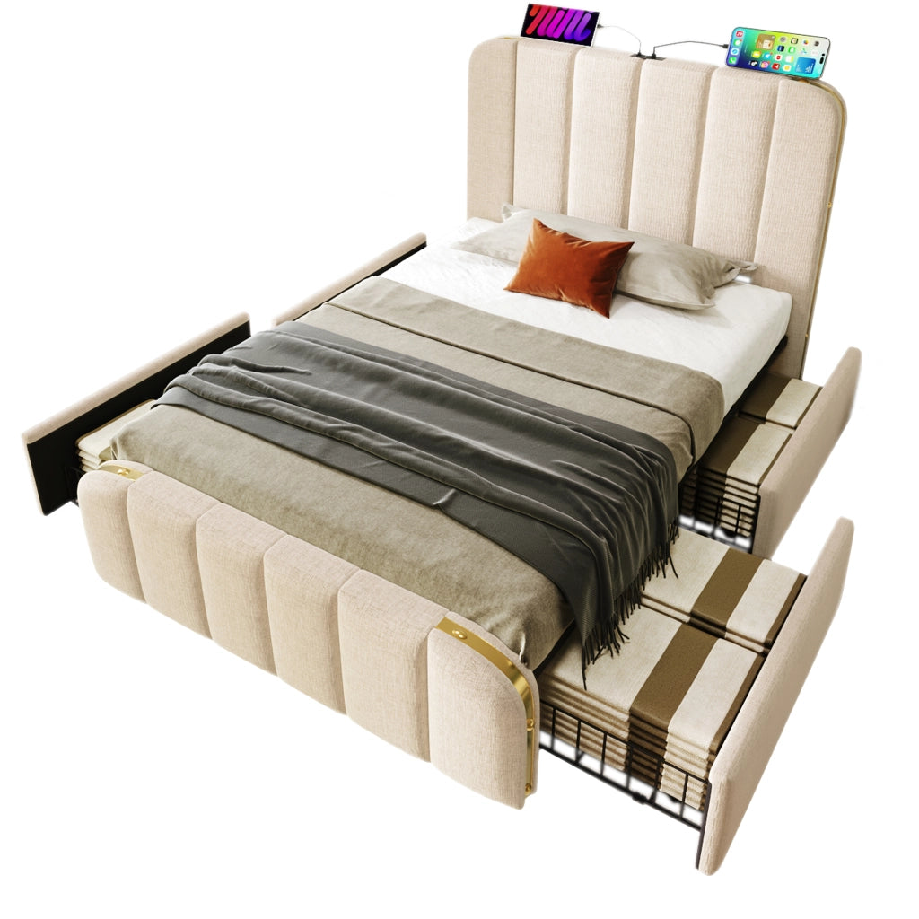 Letto singolo – 90x200 cm – USBC 4 cassetti – lino beige