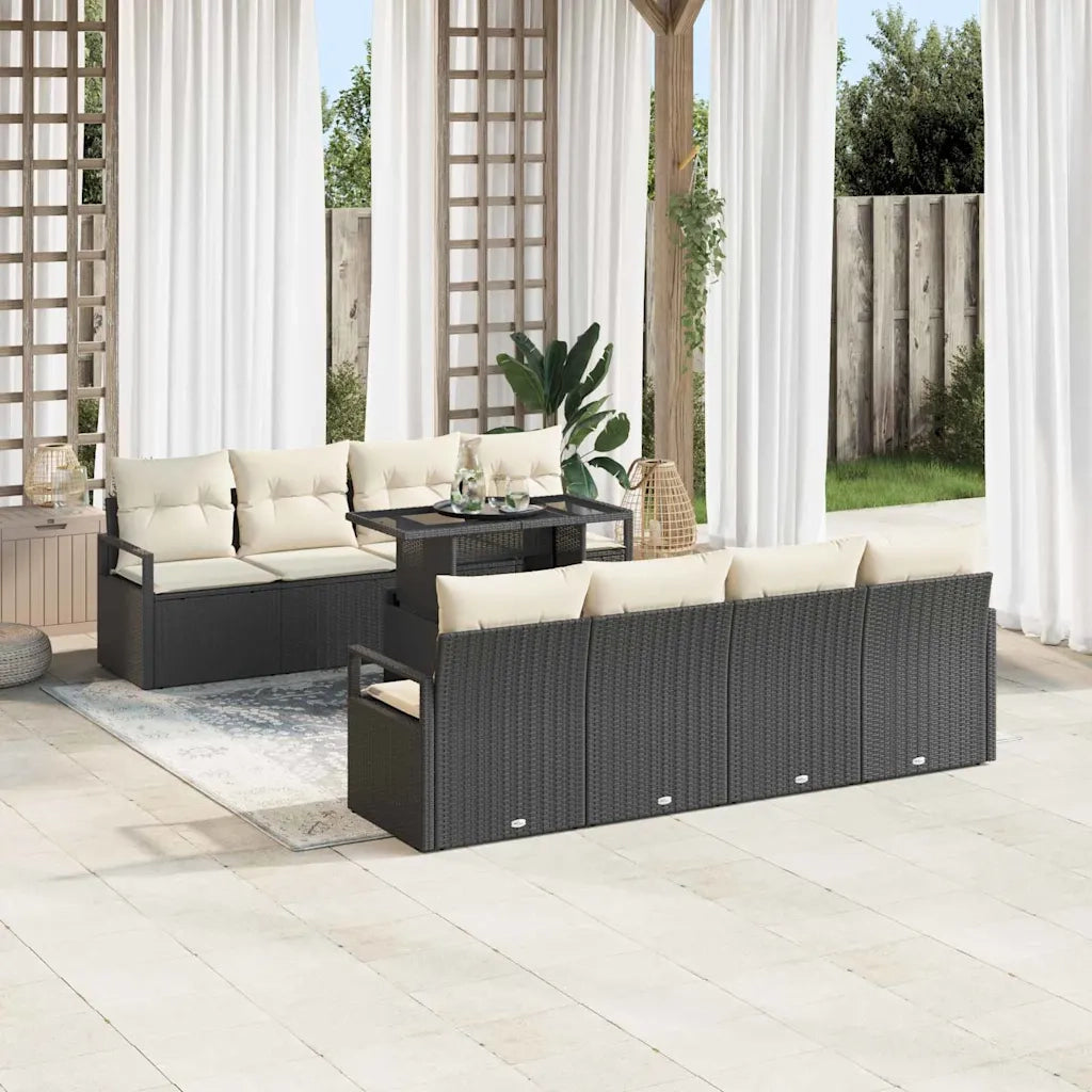 Set Divano da Giardino 9 pcs Nero e Crema polyrattan