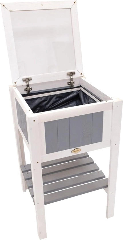 Mini contenitore per piante in legno elevato per giardino, balcone, lettino da giardino, vaso per fiori, contenitore per piante con coperchio e tavolino pratico 55x55x92 cm, grigio-bianco