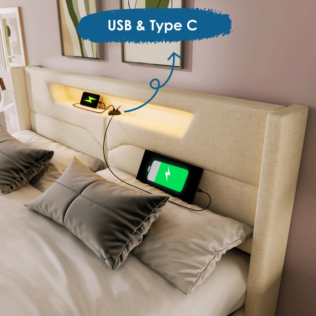 Letto matrimoniale LED – 160x200 cm – USBC contenitore – lino beige