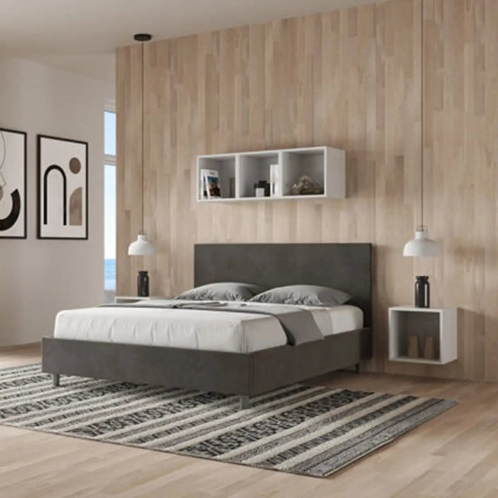 Letto matrimoniale senza rete imbottito 160x190 microfibra grigio Adele