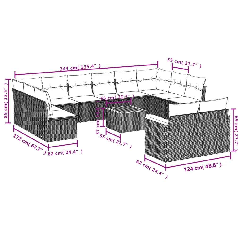 Set Divani da Giardino 13pz con Cuscini Nero in Polyrattan