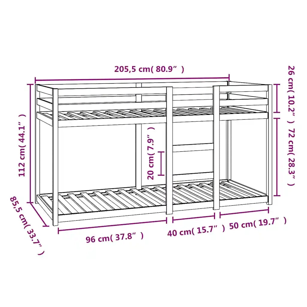 Letto singolo | Letto per adulti | Letto a Castello Bianco 80x200 cm in Legno Massello di Pino