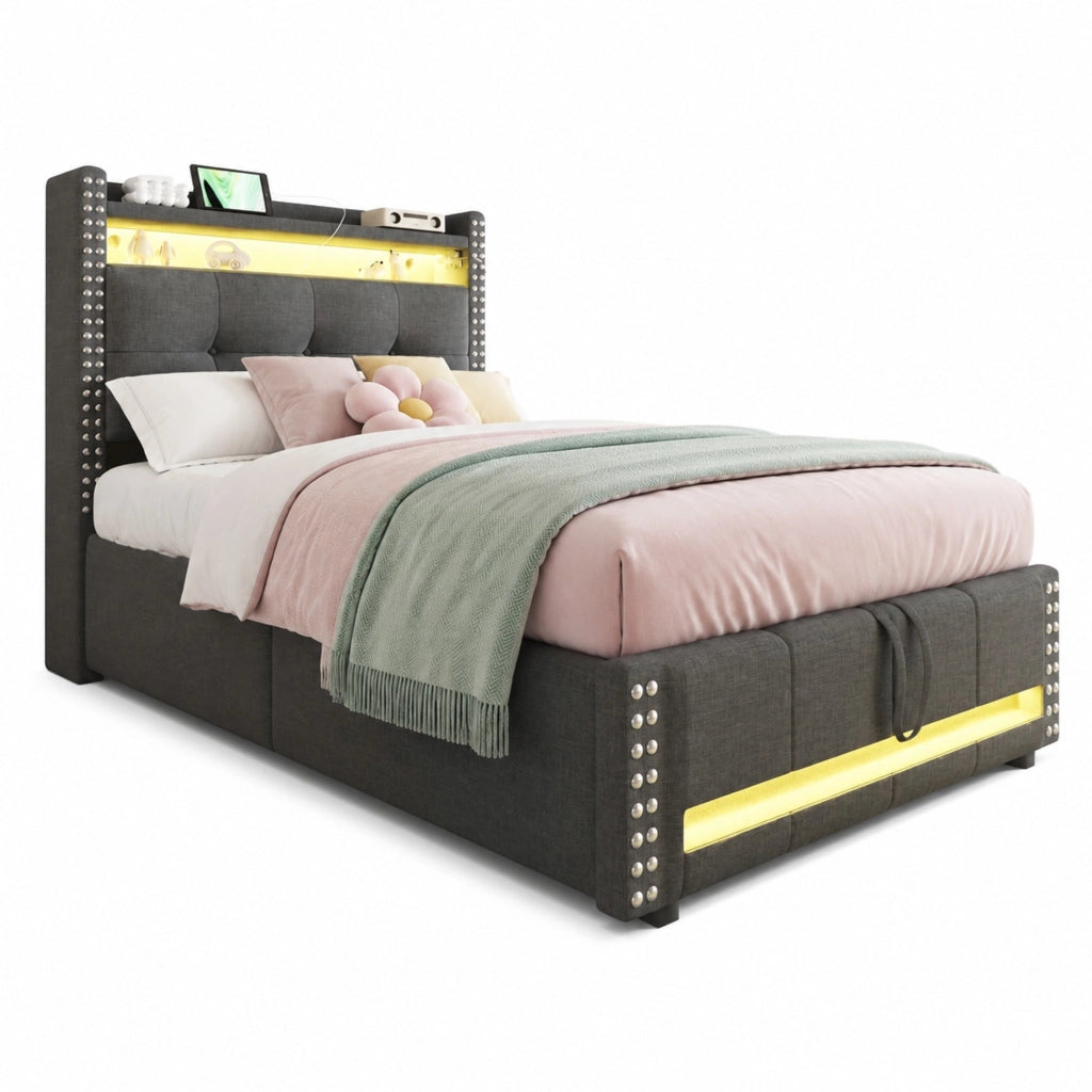 Letto imbottito singolo 90x200 cm con LED; USB e contenitore idraulico; grigio