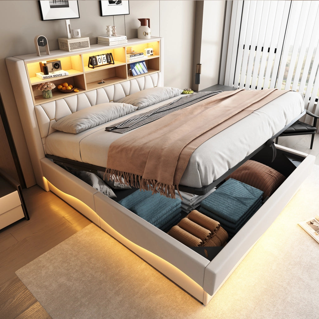 LETTO Contenitore 180x200 cm Beige in ferro con LED e USB