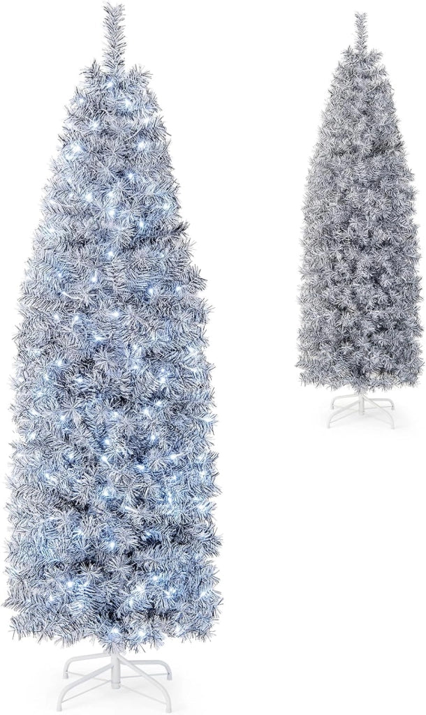 Albero di Natale Artificiale Pre-Illuminato da 180 CM, Albero di Natale Slim con 250 Luci LED, 475 Rami, Base Pieghevole in Metallo, Decorazioni Natalizie per Ufficio e Casa