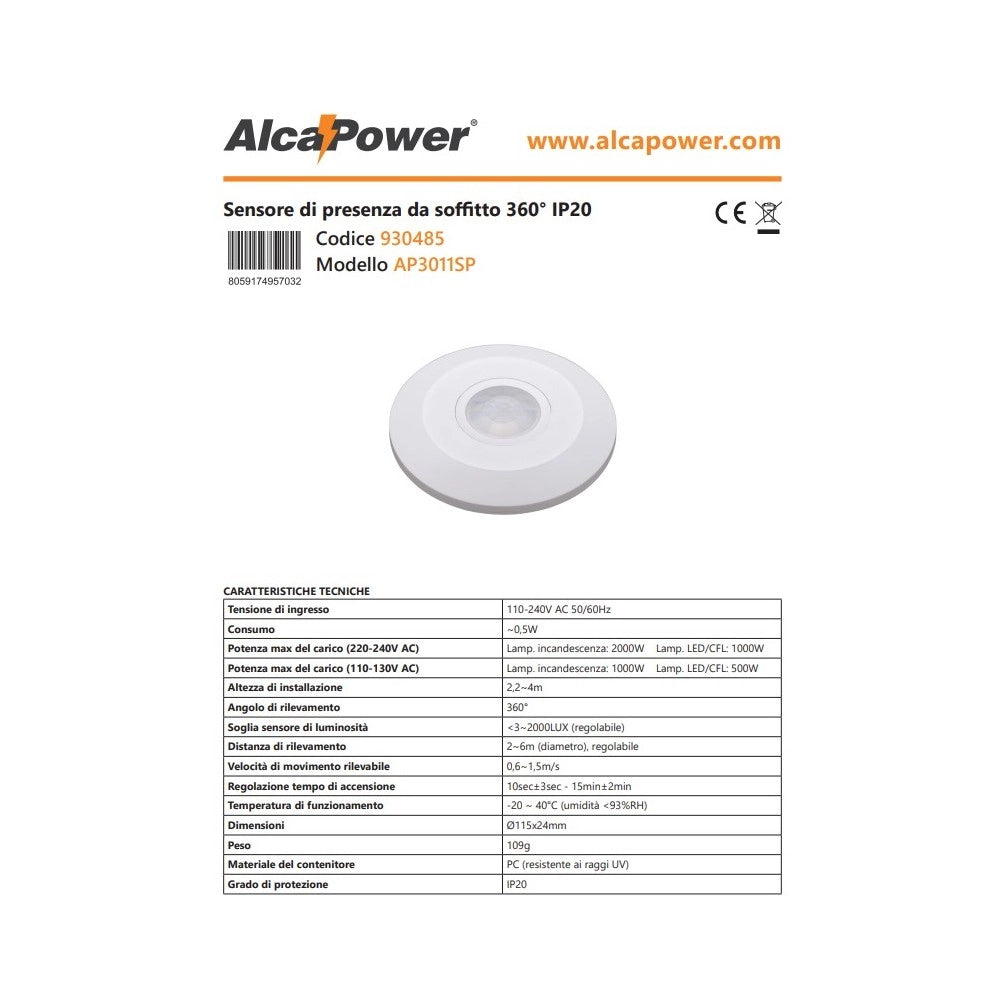 Alca power sensore di presenza da soffitto 360° ip20