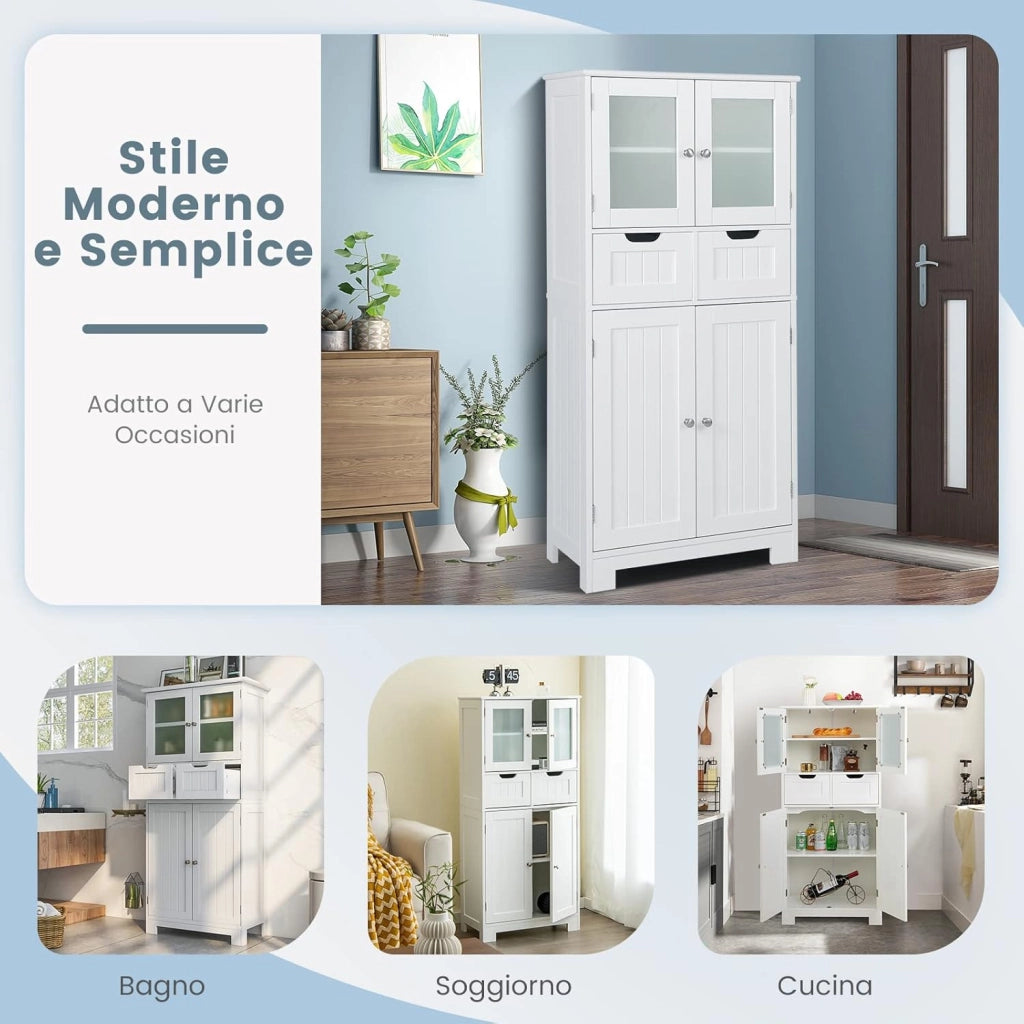 Armadio da Terra con 4 Ante, Mobile da Bagno con 2 Ante in Vetro 2 Cassetti e Ripiani Regolabili, Armadio Multifunzionale per Bagno e Soggiorno, 60x30x128cm (Bianco)