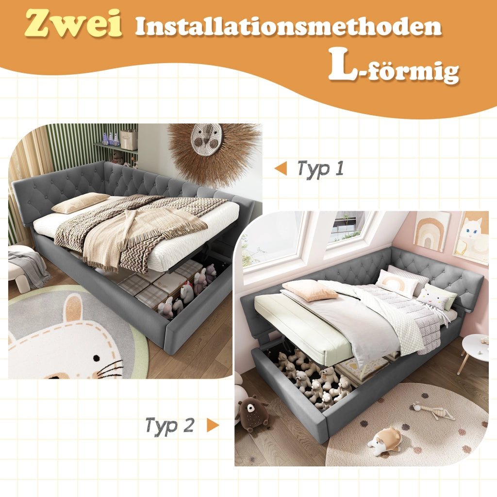 Letto giorno funzione contenitore velluto grigio 90x200 cm