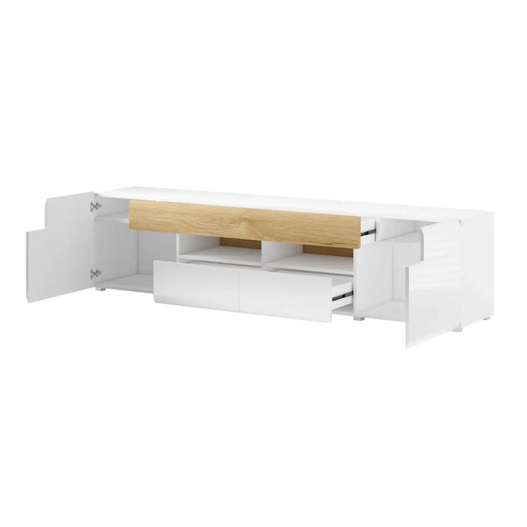 Mobile TV 210cm collezione OHIO. Colore bianco e finiture in quercia.