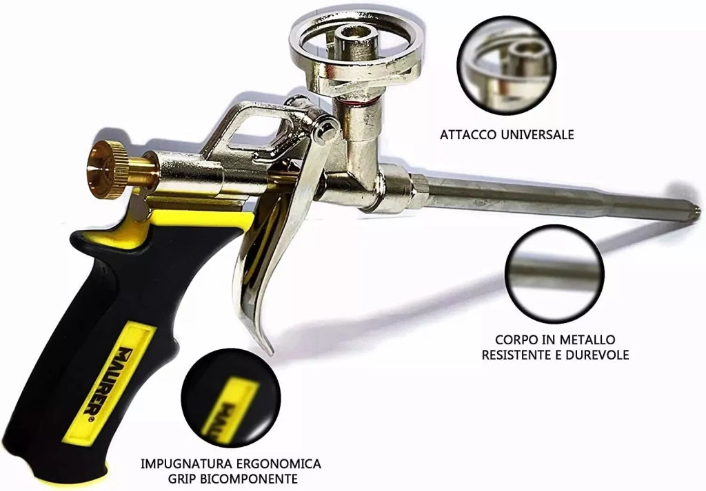 Pistola per Schiuma Poliuretanica Maurer con ugello in acciaio inox ed impugnatura ergonomica