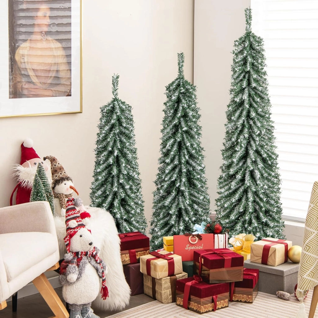 Albero di Natale Slim e Innevato con Luci 120/150 / 180 CM, Set di Alberi di Natale Artificiali Realistico con 216 & 302 & 505 Punte di Rami e 100 & 120 & 180 Luci LED
