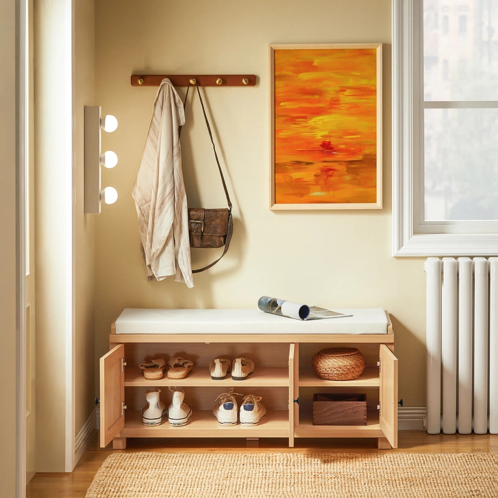 SoBuy Scarpiera da Ingresso con 3 ante, Panca Contenitore con Cuscino, Naturale, 104x35x47cm FSR188-N