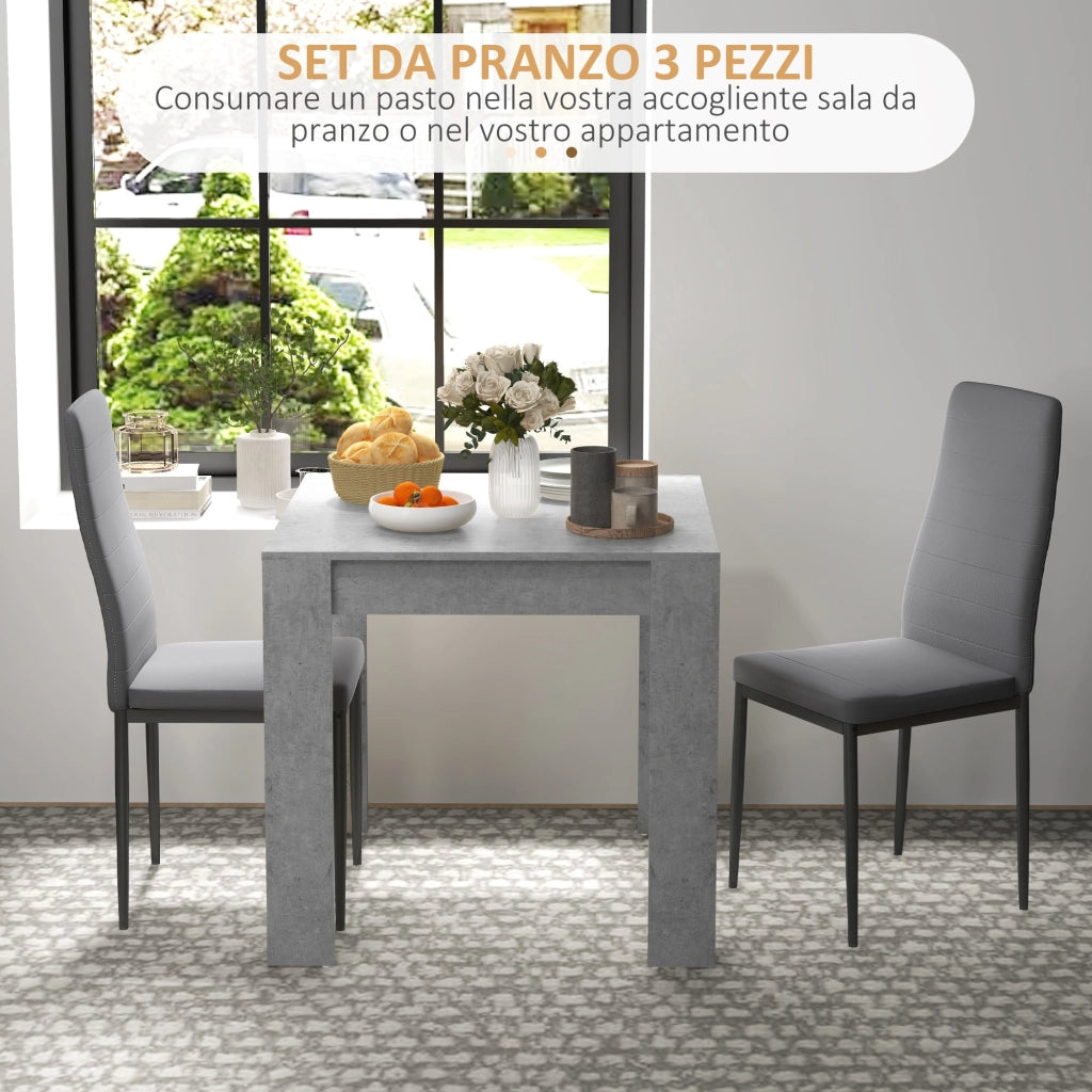 Set da Pranzo Tavolo e 2 Sedie Imbottite in Pelle PU Grigio