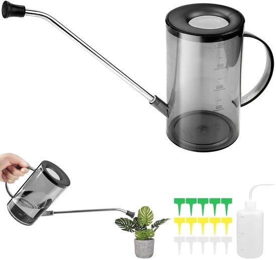Piantaiera grigia con lungo tubo per piante da appartamento.