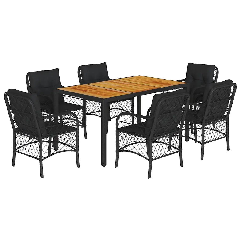 Set da Pranzo da Giardino 7 pz Nero con Cuscini in Polyrattan