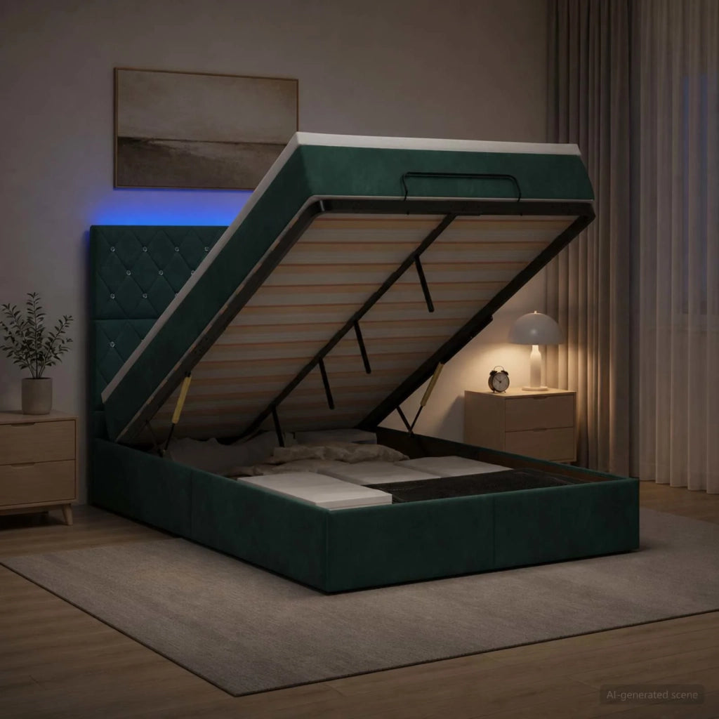 Letto Ottomano con Materasso e LED Verde Scuro 120 x 200 cm 3458226