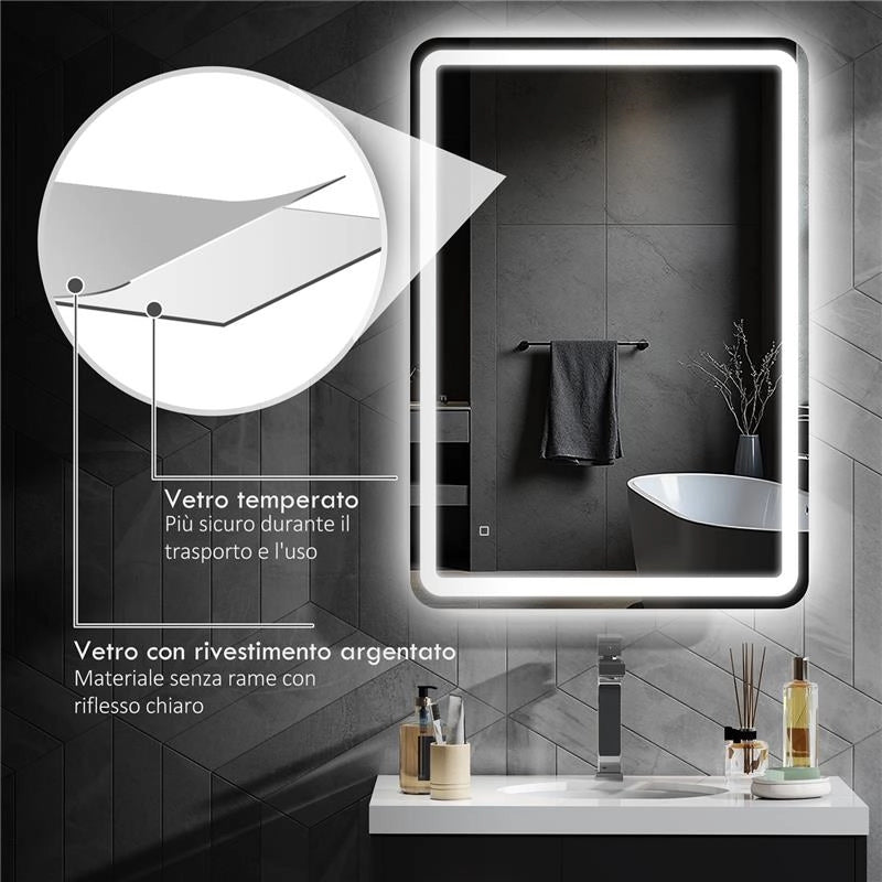 SPECCHIO BAGNO CON INTERRUTTORE TOUCH, LUCE LED A 3 TEMPERATURE E ANTIAPPANNAMENTO, 70X100CM