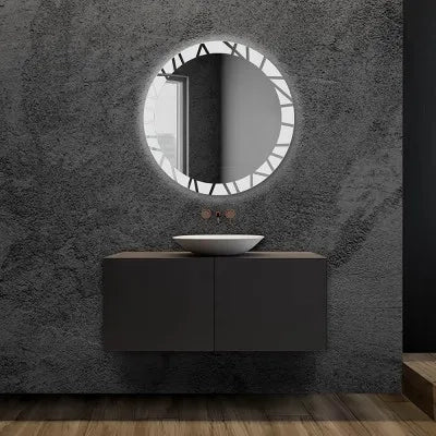 Specchio bagno tondo 80 cm con cornice LED retroilluminata e decorata