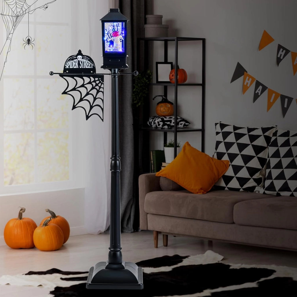 Decorazioni Halloween, Lampione da Terra 155 CM, con Ragnatela, Fantasma di Zucca, 6 Colori di Luce, Musica, Effetto Neve, Decorazione Halloween Interni Esterni per Casa, Giardino, Ufficio