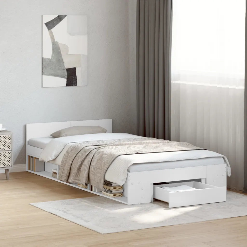 Letto singolo | Letto per adulti | Giroletto con Cassetto Bianco 90x200 cm in Legno Multistrato