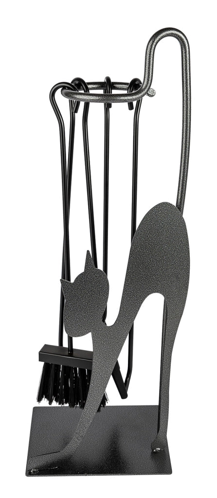Trespolo per Attrezzi Camino Rettangolare Sagoma Gatto con Paletta Scopino Attizzino e Pinza 28x19x66 cm in Ferro