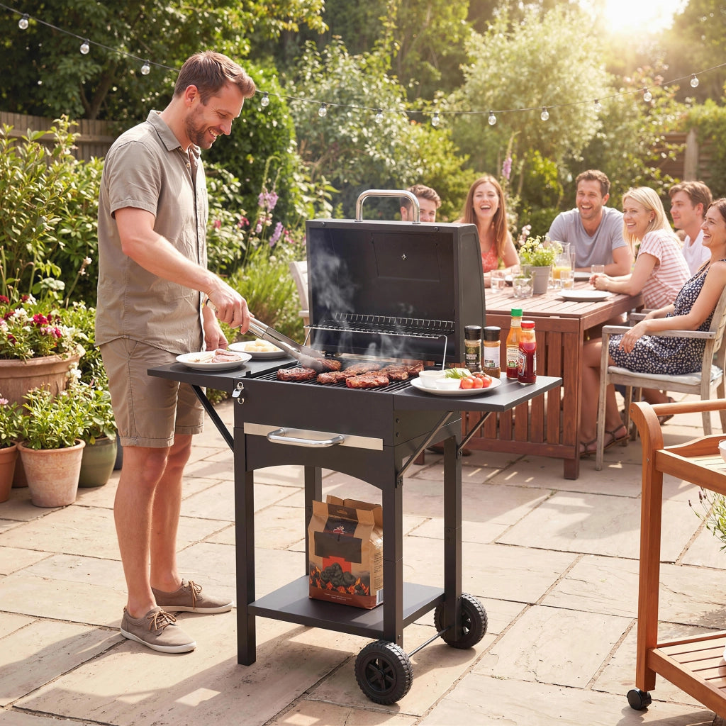 Barbecue a Carbone con Termometro e Ruote - Xylo - Nero, 110x46.5x101 cm