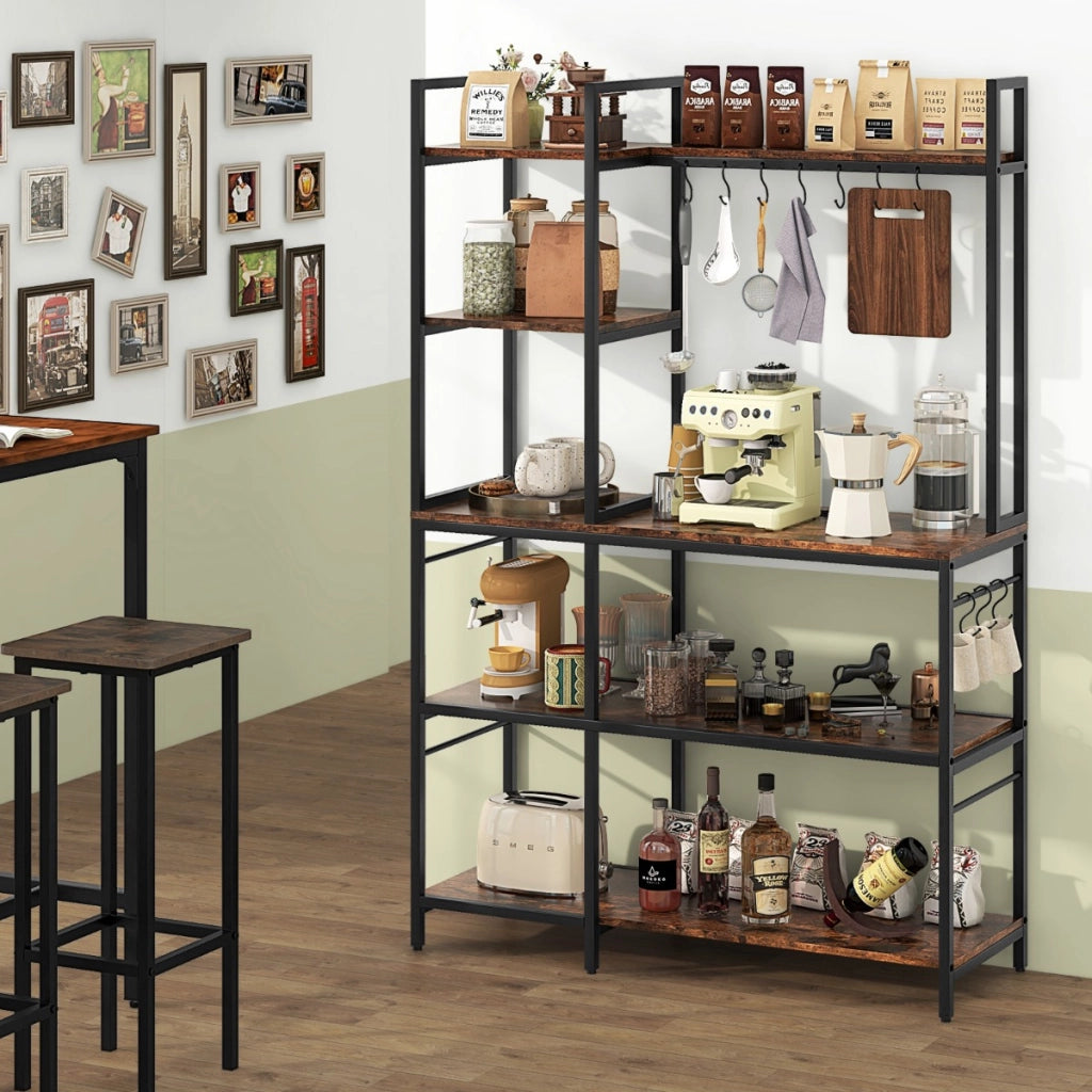 Scaffale da cucina con prese di corrente, Tavolo bar con 5 ripiani e 10 ganci a forma di S Marrone rustico