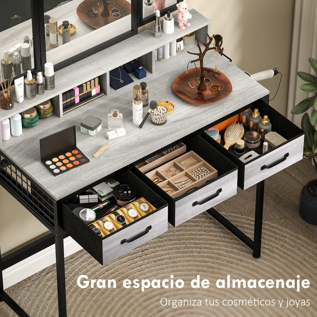 Cassettiera per Trucco con Specchio e Sgabello ¨C Minimal ¨C Grigio Tessuto 3 Cassetti