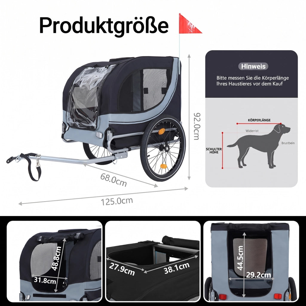 Rimorchio bici per cani fino a 40 kg nero/grigio con copertura antipioggia e rete
