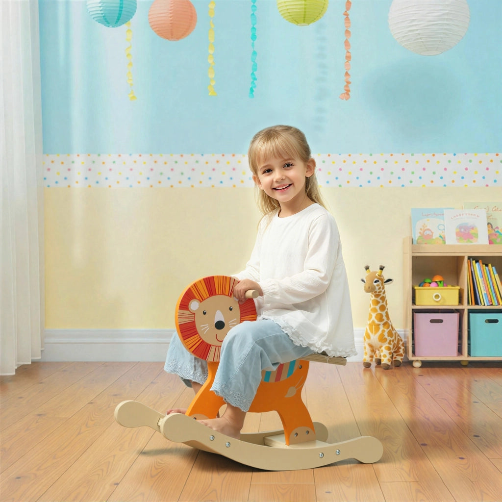 Cavallo a Dondolo con Design Leone per Bambini ¨C Minimal ¨C Legno Arancione