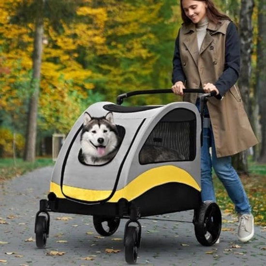 Carriolo per cani con chiusura automatica - Carriolo per cani per grandi cani - Carriolo per cani tutti terreni - Grigio|Giallo
